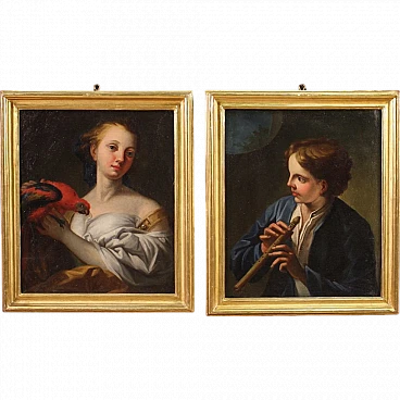 Pair of popular character figures, oil on canvas, 18th century