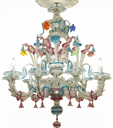 9-Light chandelier in Murano blown glass with floral motifs