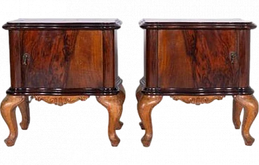 Pair of bedside tables in carved wood & metal handles, 2000s