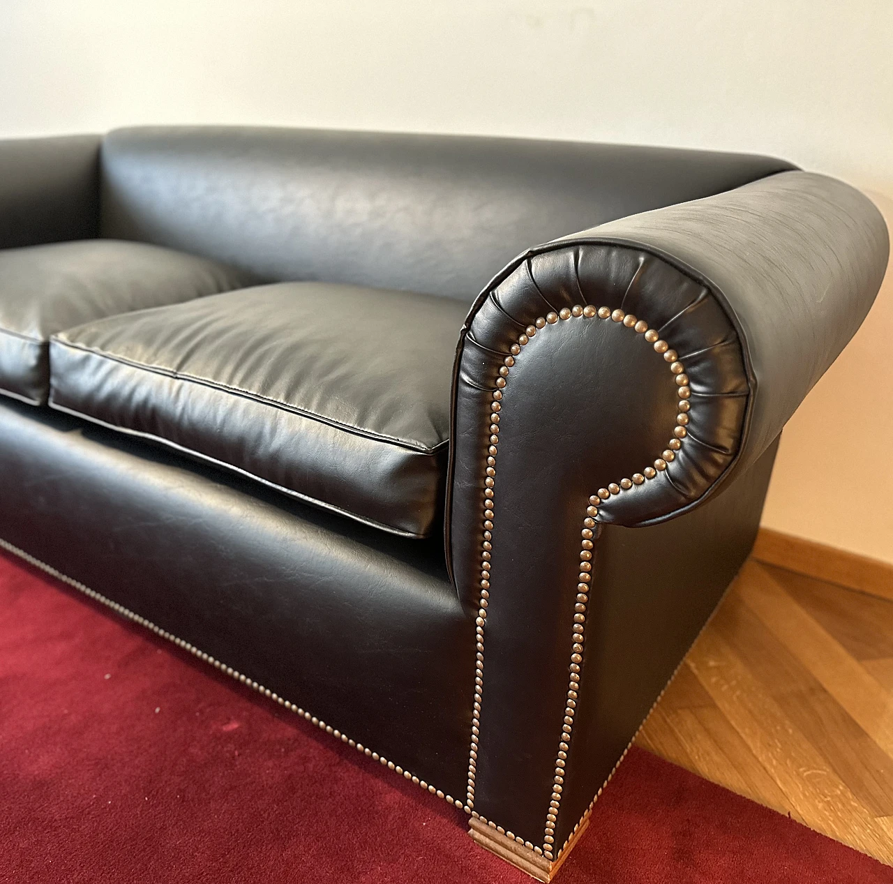 Chesterfield sofa in black faux leather with studded details, 2000s 4