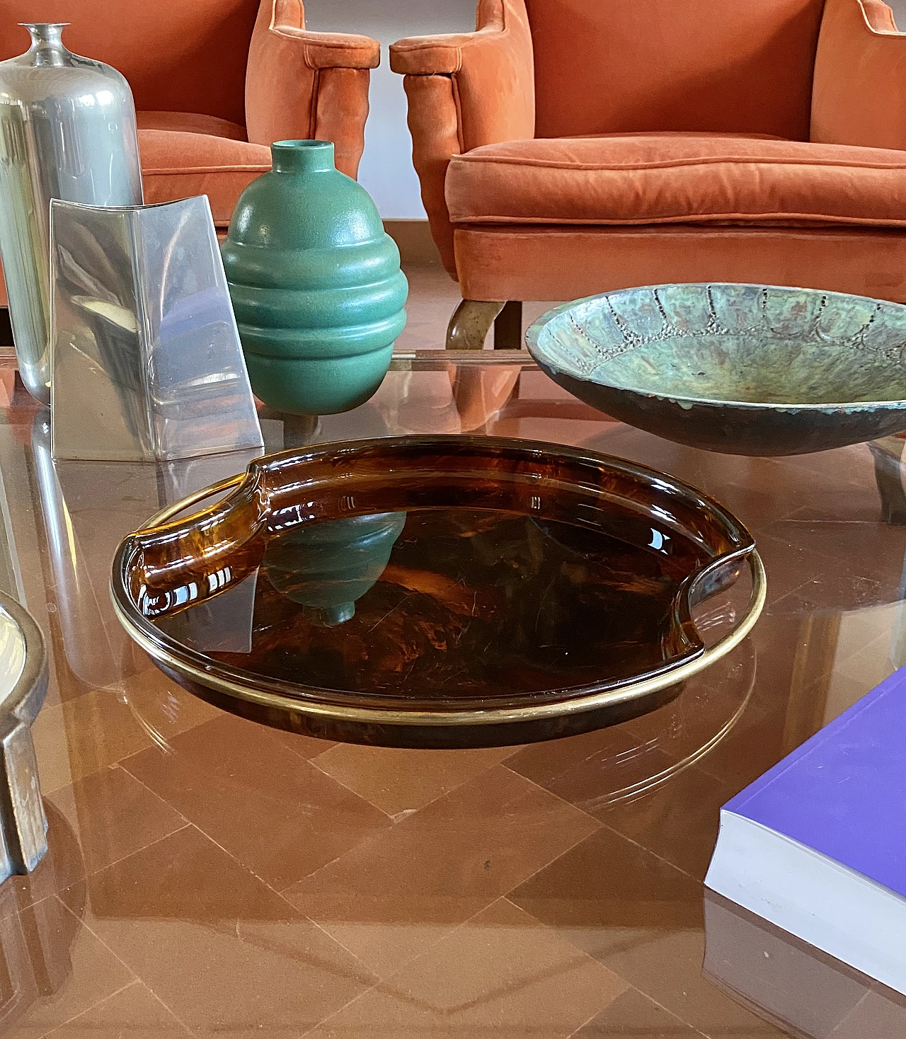 Brass and tortoiseshell lucite tray by Guzzini, 1970s 6