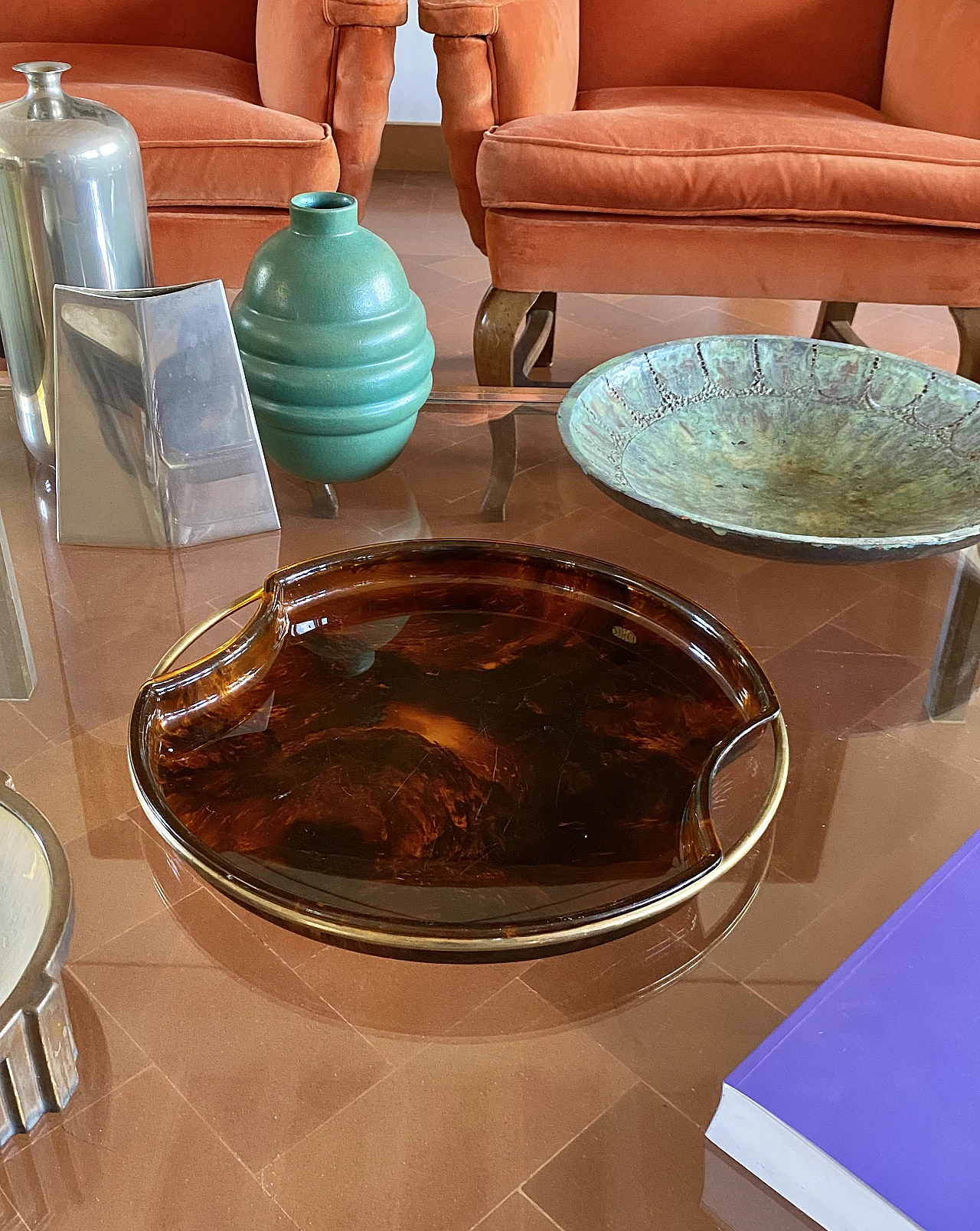 Brass and tortoiseshell lucite tray by Guzzini, 1970s 7