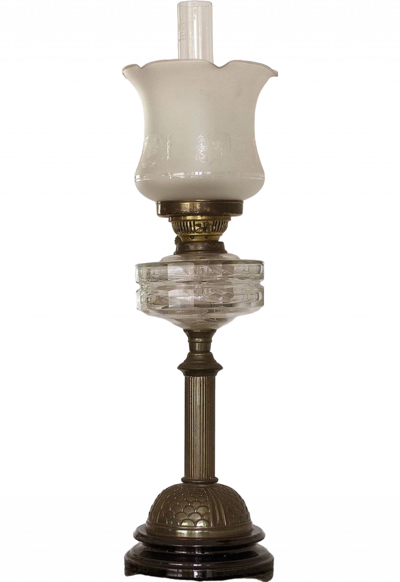 Brass & glass oil lamp with wooden base by Sherwoods Ltd, 19th century 6