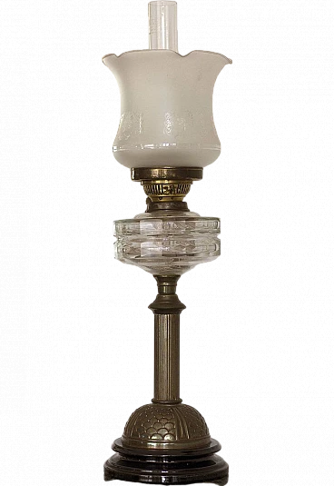 Brass & glass oil lamp with wooden base by Sherwoods Ltd, 19th century