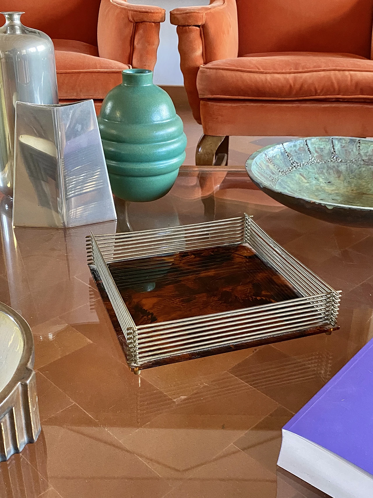 Hollywood Regency brass and tortoiseshell lucite tray, 1970s 9