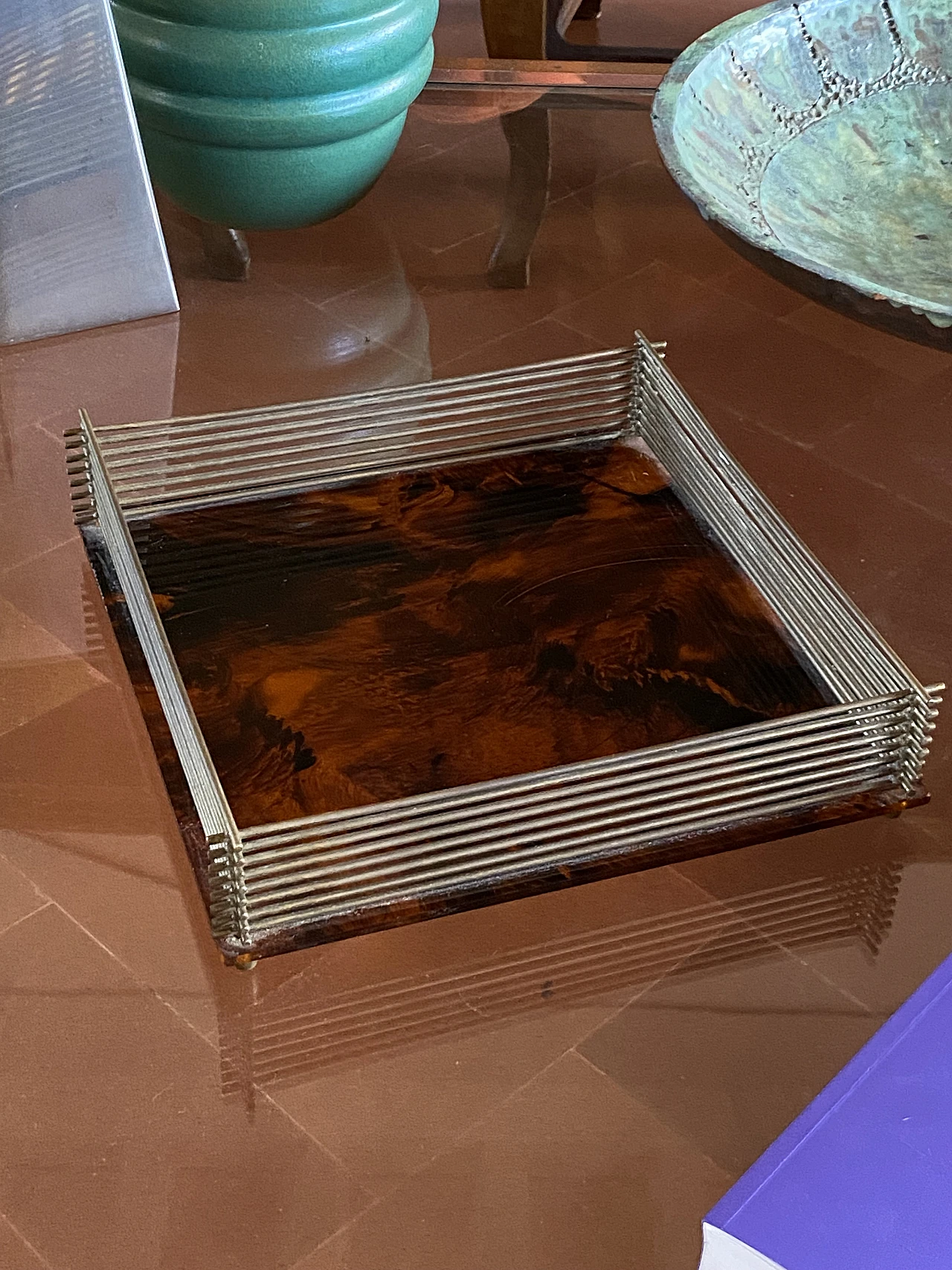 Hollywood Regency brass and tortoiseshell lucite tray, 1970s 11