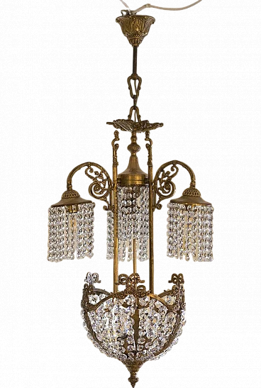 Lampadario stile Liberty in ottone con cristalli Swarovski, anni '50