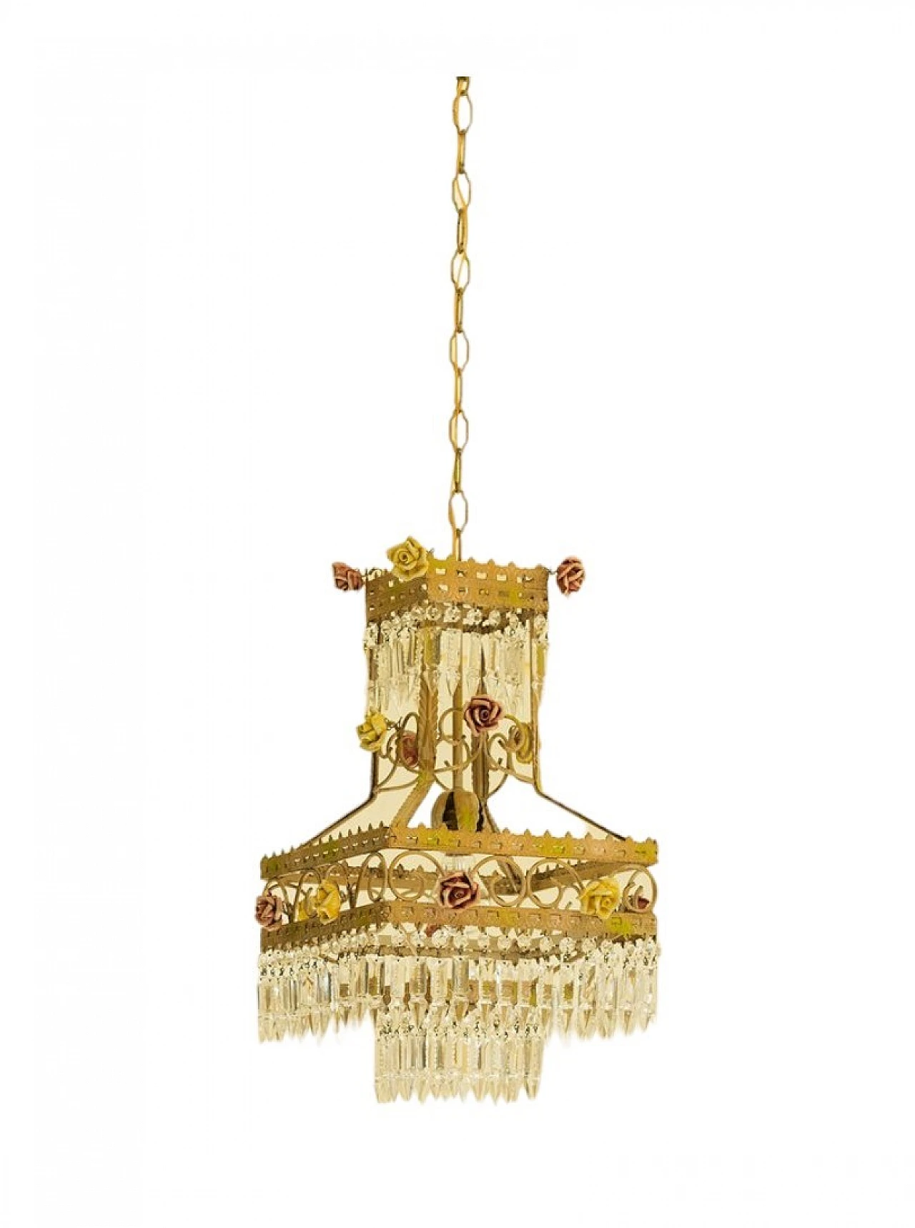 Empire style chandelier in golden metal with porcelain flowers, 1950s 8