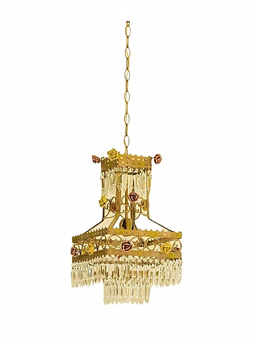 Empire style chandelier in golden metal with porcelain flowers, 1950s