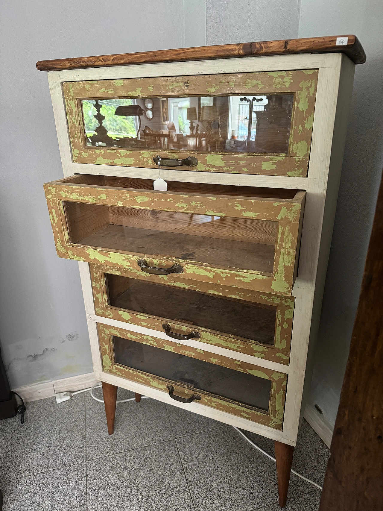 Industrial chest of drawers in wood and glass, 1970s 3