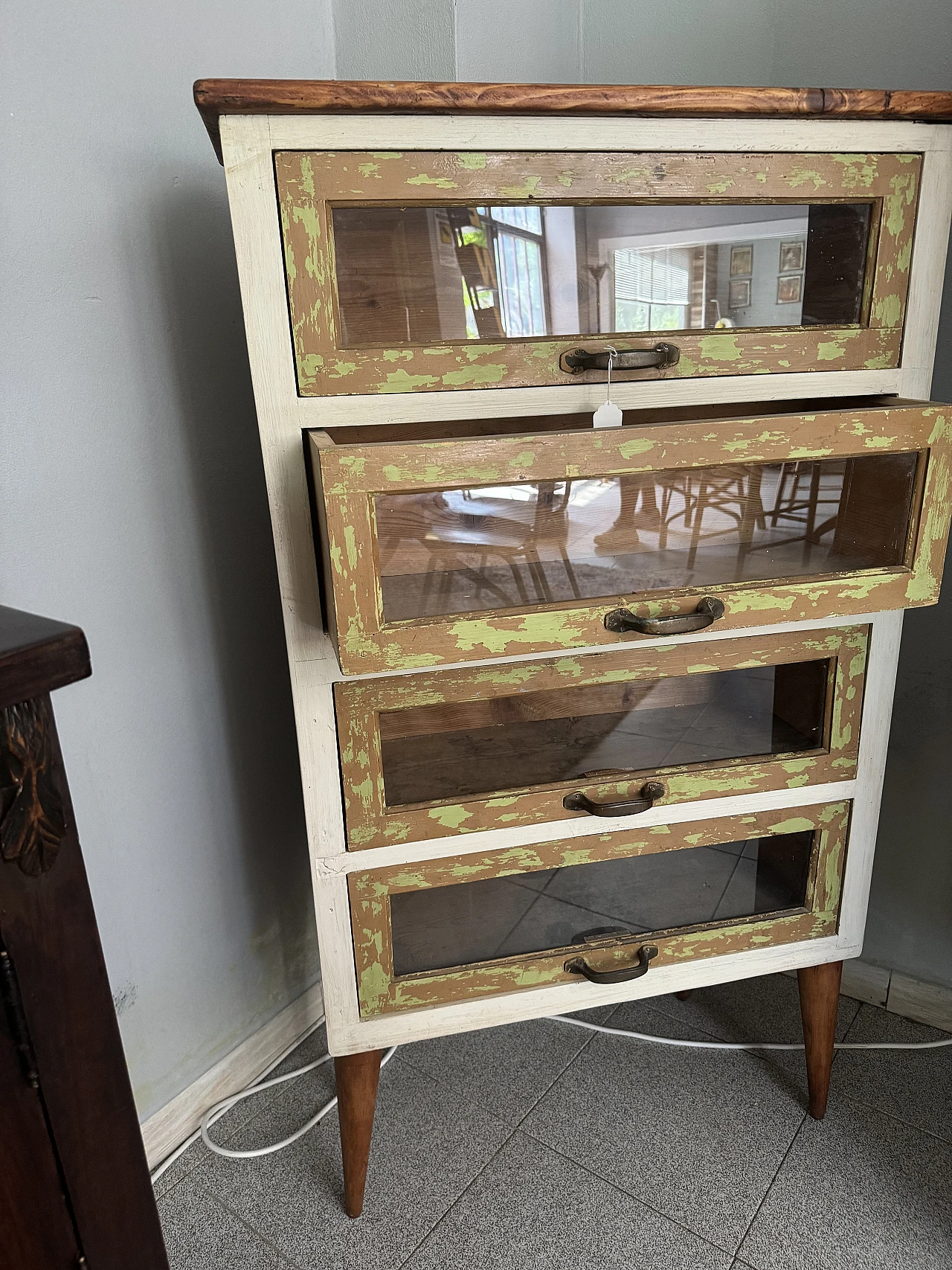 Industrial chest of drawers in wood and glass, 1970s 4