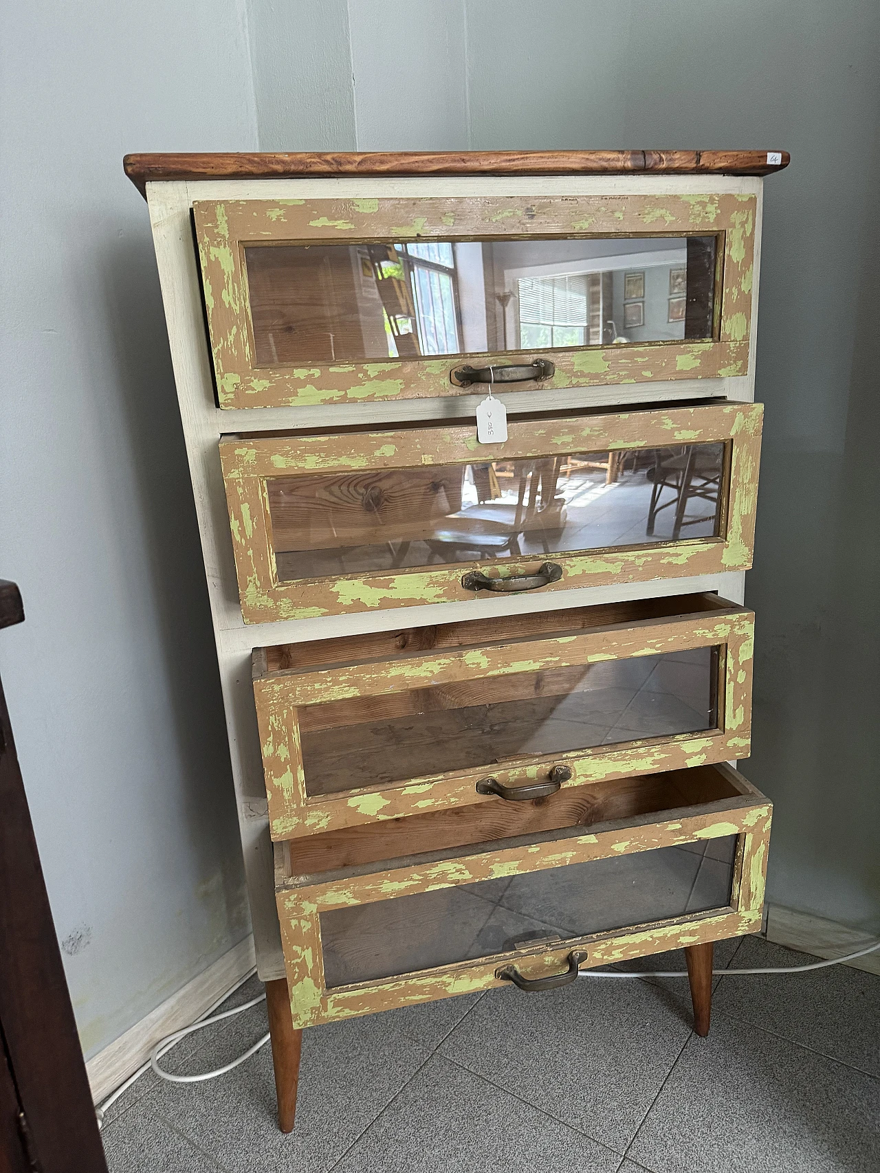 Industrial chest of drawers in wood and glass, 1970s 5