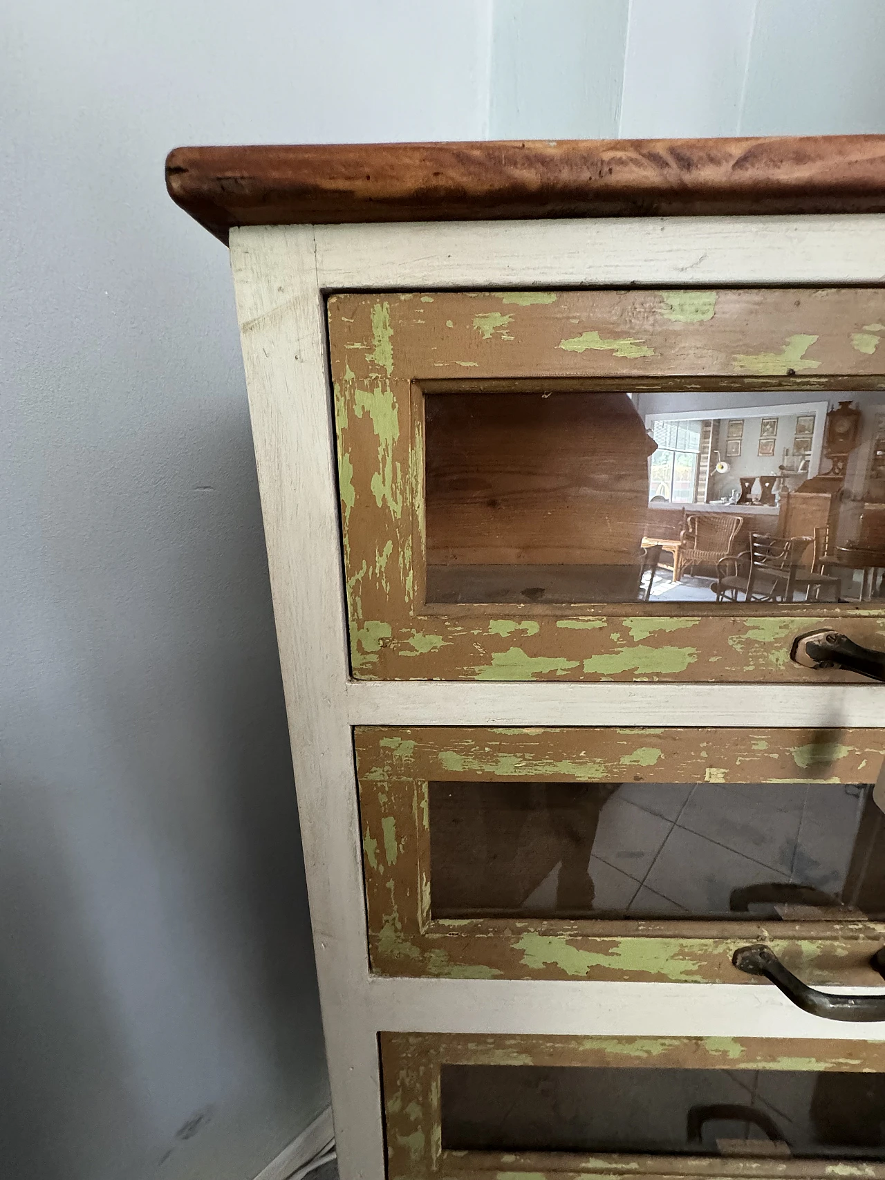 Industrial chest of drawers in wood and glass, 1970s 6