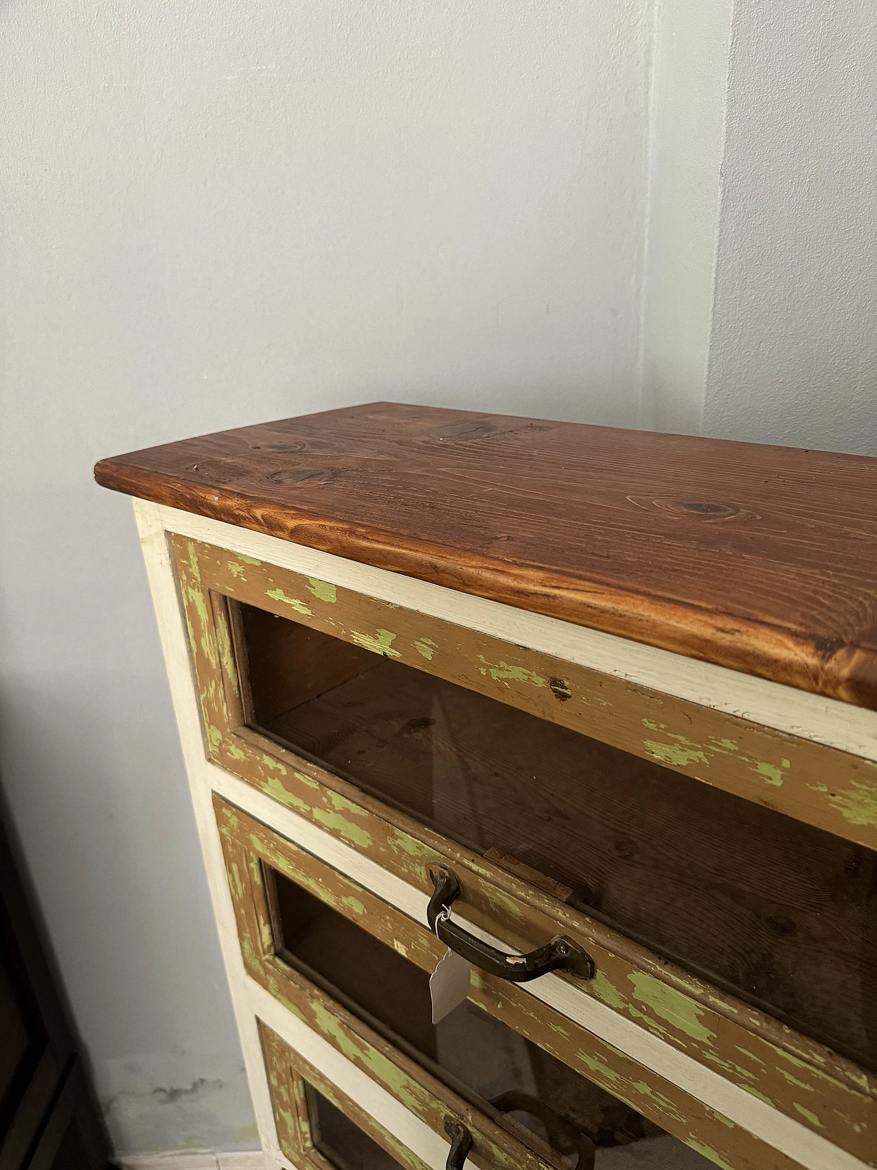 Industrial chest of drawers in wood and glass, 1970s 8