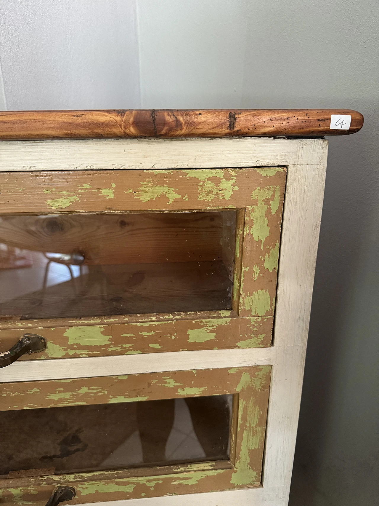 Industrial chest of drawers in wood and glass, 1970s 9