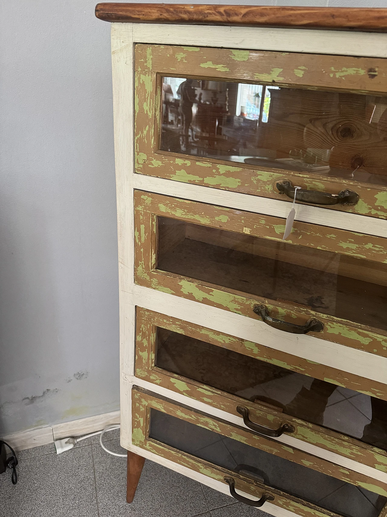 Industrial chest of drawers in wood and glass, 1970s 10