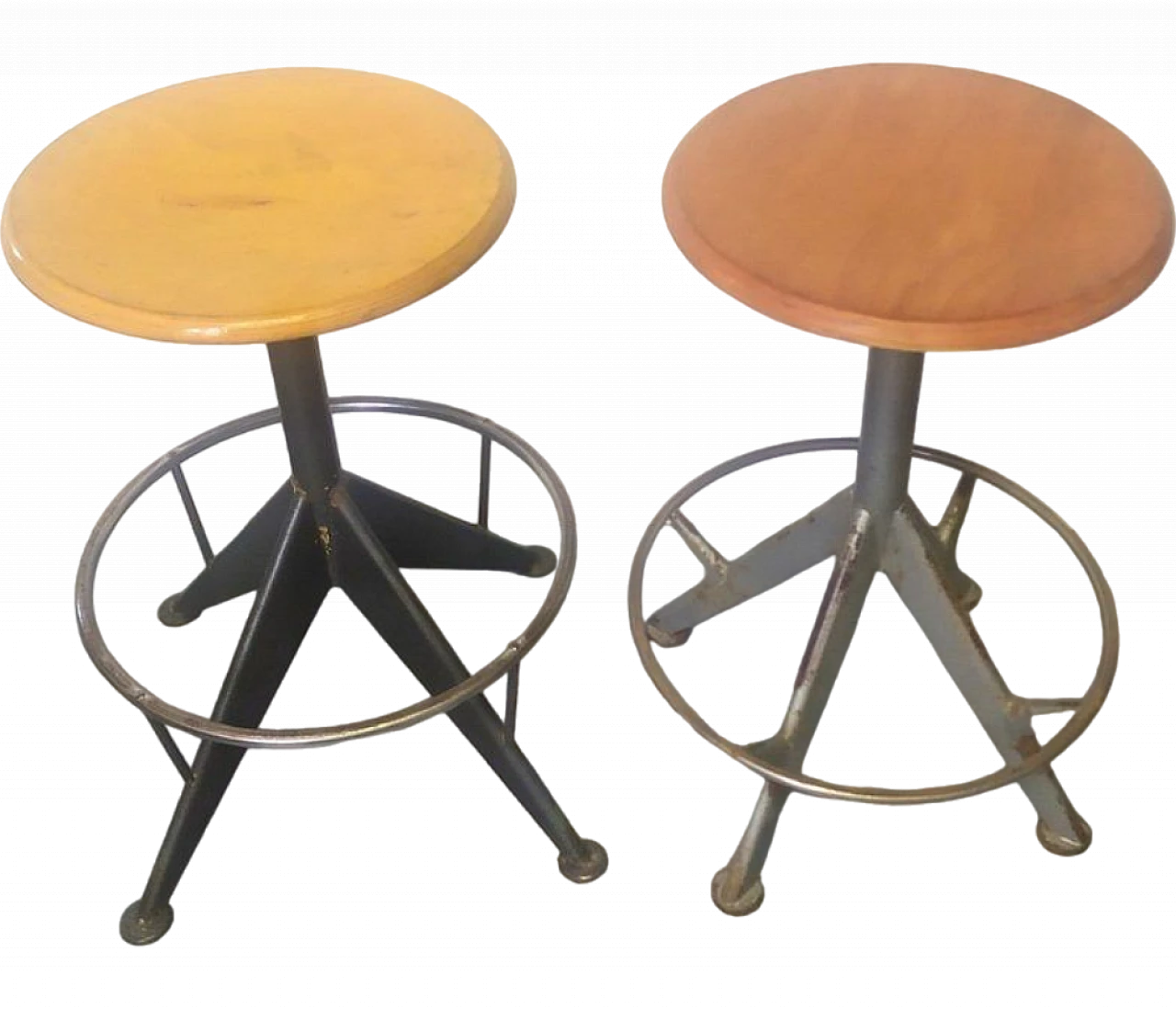 Pair of Swivel stools with pine wood seat & metal structure, 1950s 5