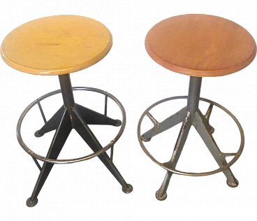Pair of Swivel stools with pine wood seat & metal structure, 1950s