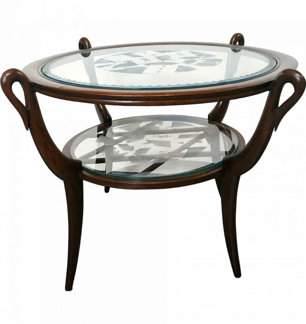 Art Déco round coffee table in beech wood & glass, 1940s 9