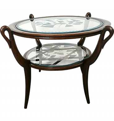 Art Déco round coffee table in beech wood & glass, 1940s