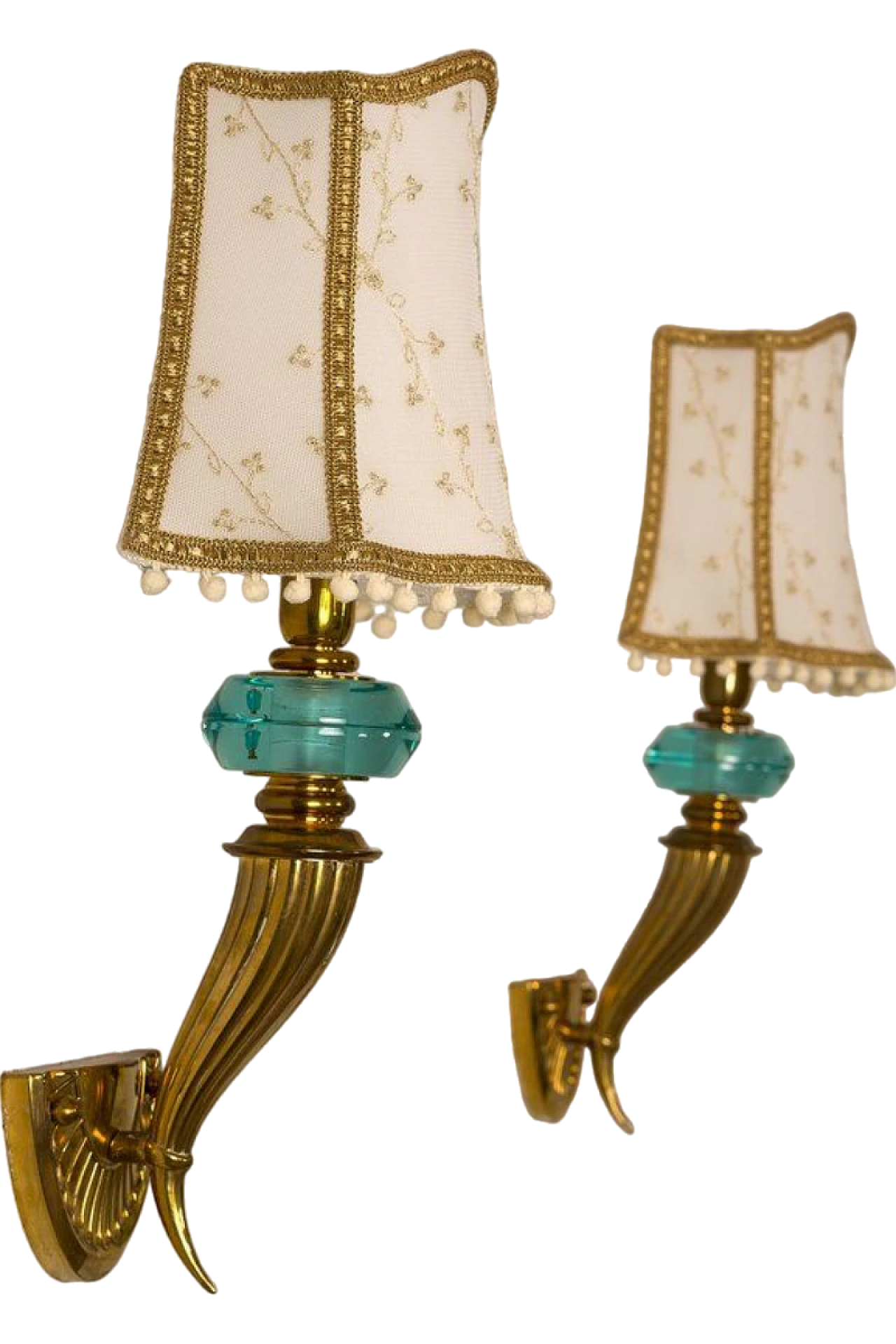 Pair of cornucopia-shaped wall lights in golden brass & crystal, 1940s 14