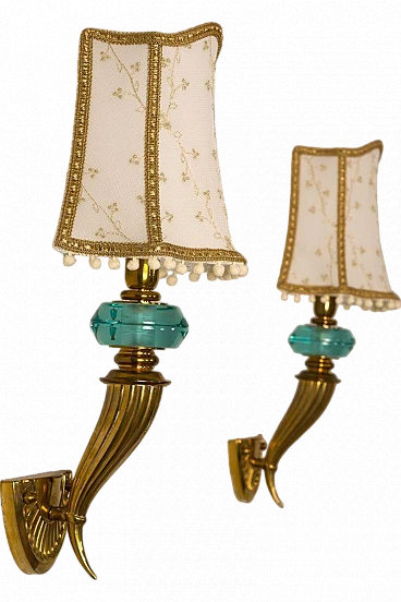 Pair of cornucopia-shaped wall lights in golden brass & crystal, 1940s