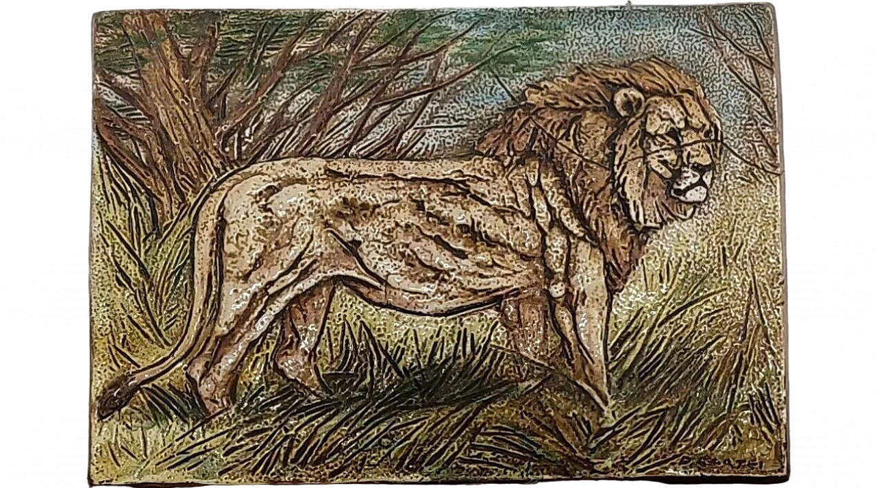 Danilo Cartei, lion, glazed terracotta bas-relief, 1980s 2