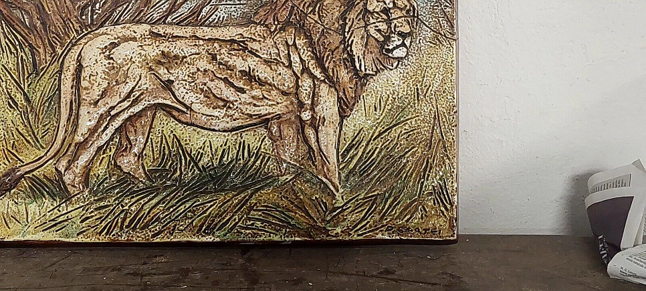 Danilo Cartei, lion, glazed terracotta bas-relief, 1980s 3