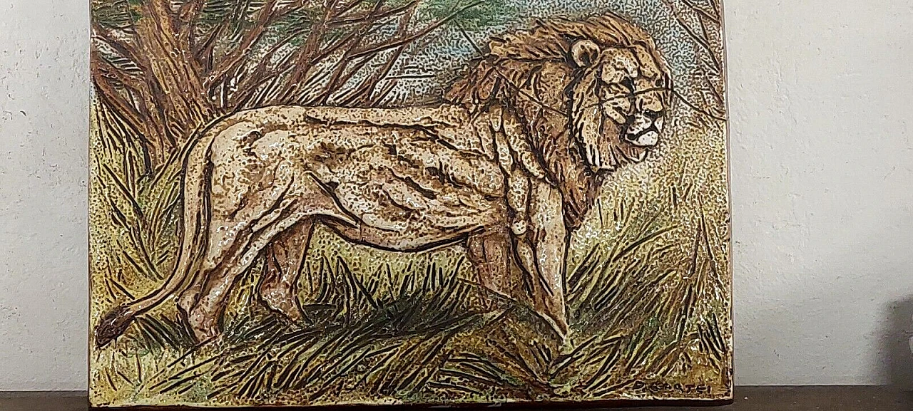 Danilo Cartei, lion, glazed terracotta bas-relief, 1980s 8