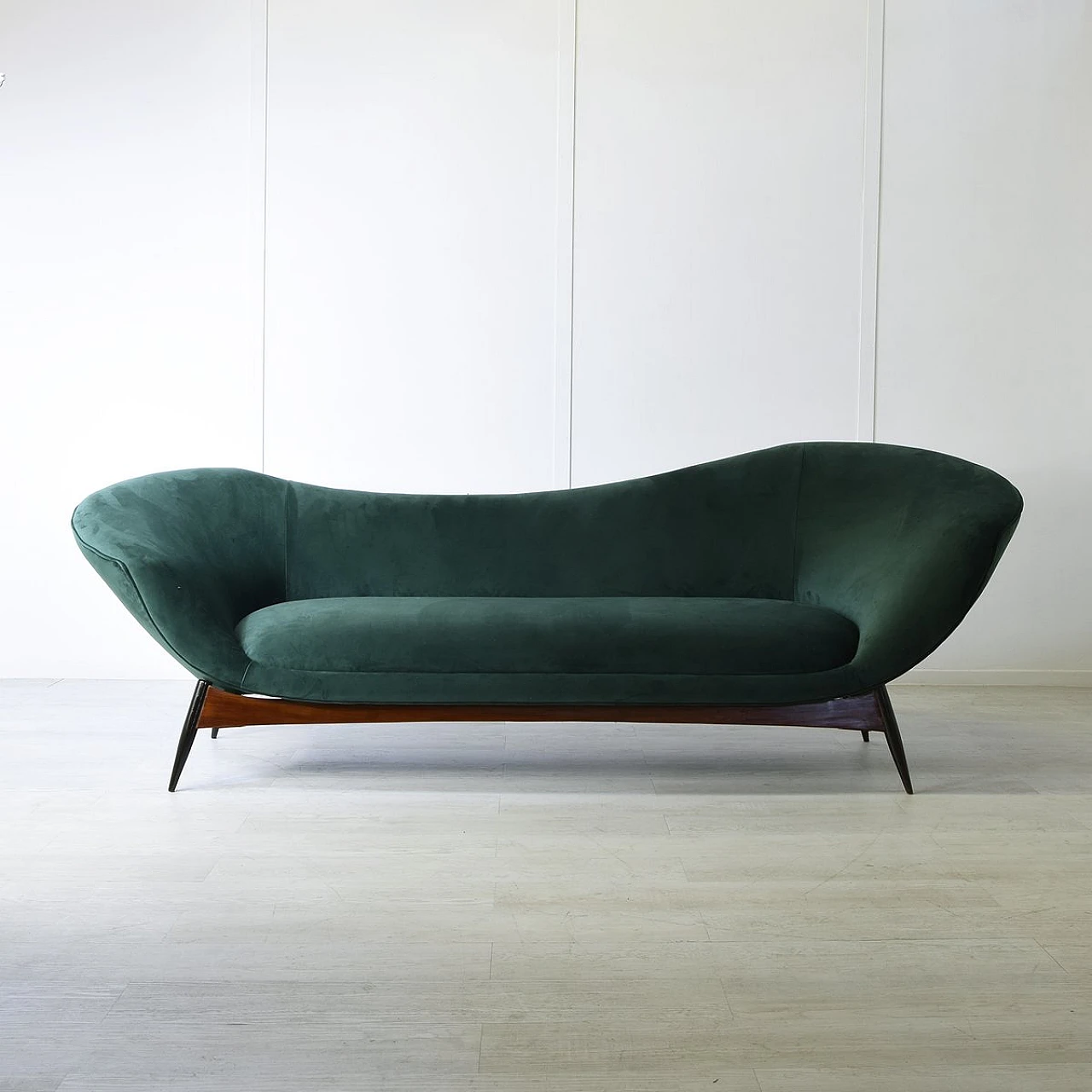 Curved sofa in green velvet with teak base by Flexform, 1950s 4