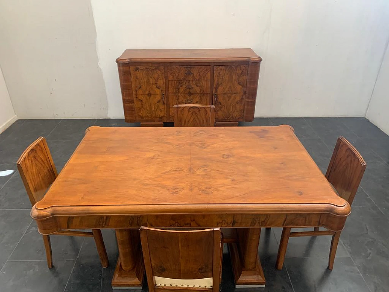 4 Chairs and table in walnut and walnut feather, 1940s 7