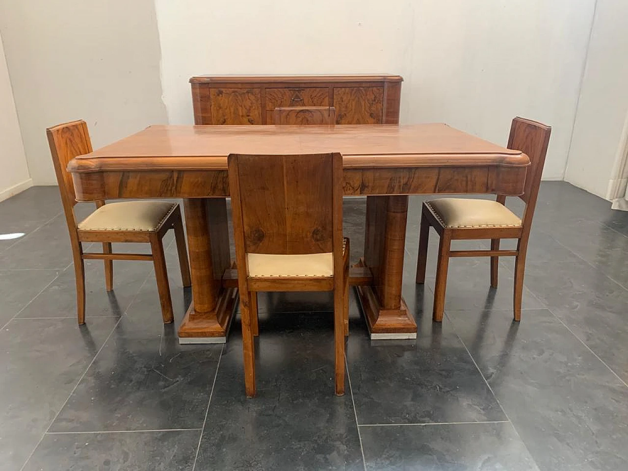 4 Chairs and table in walnut and walnut feather, 1940s 8