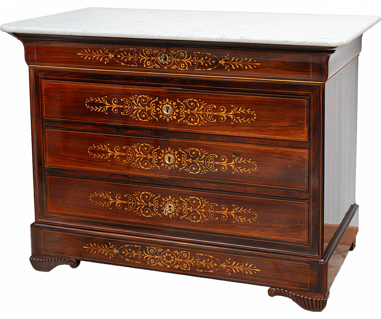 French Charles X exotic wood and marble commode, 19th century 5