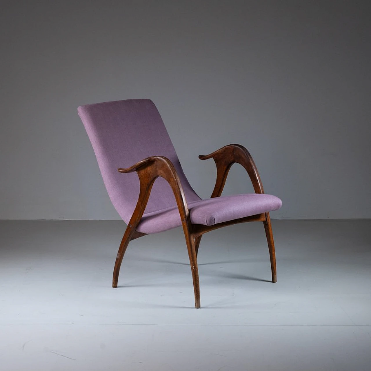 Armchair in wood and mauve fabric by Malatesta & Mason, 1950s 1