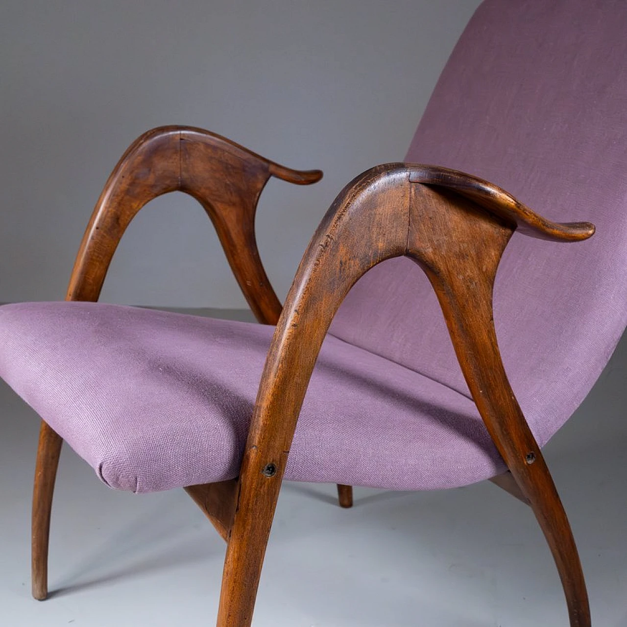 Armchair in wood and mauve fabric by Malatesta & Mason, 1950s 8