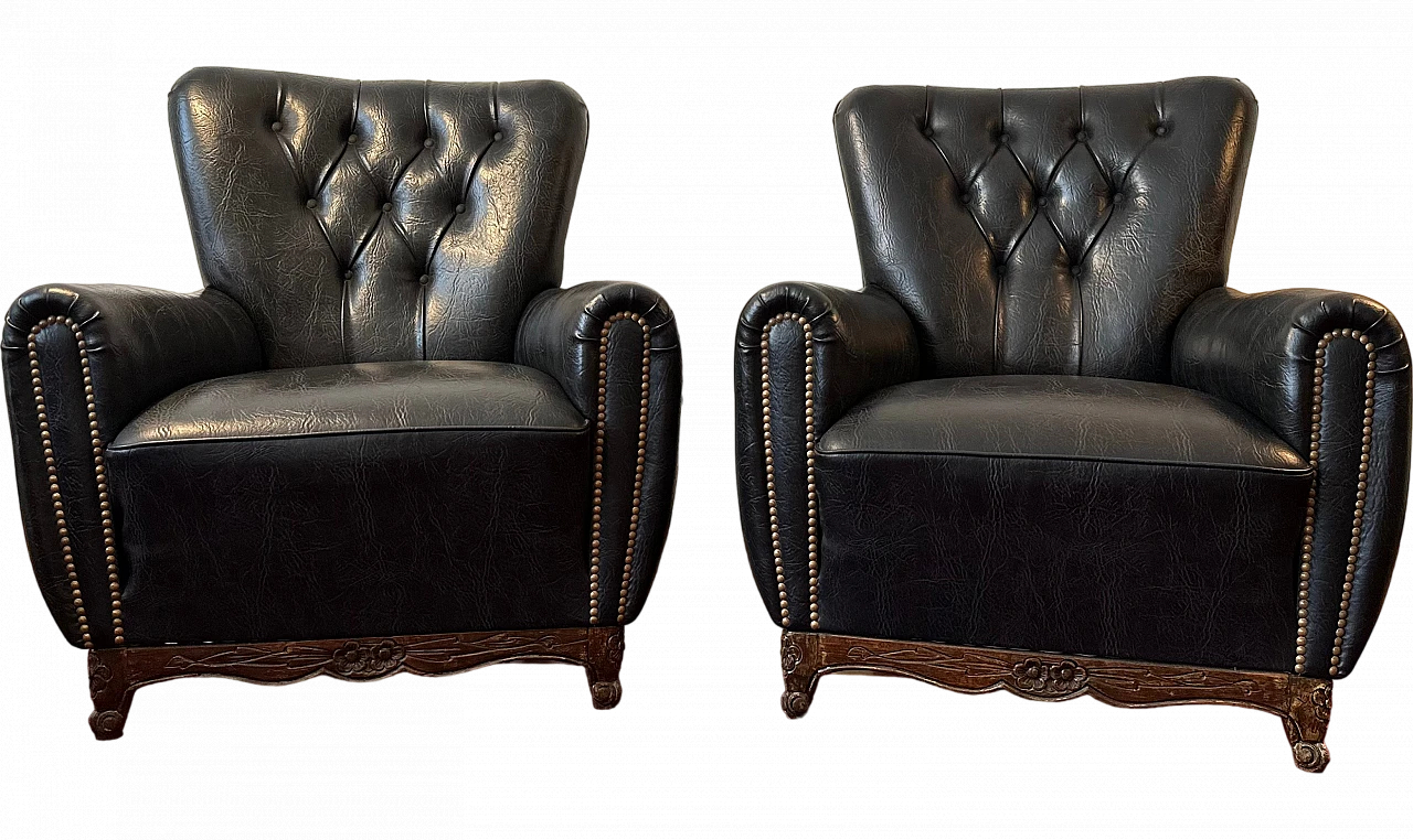 Pair of black eco-leather Chesterfield armchairs, 1980s 7