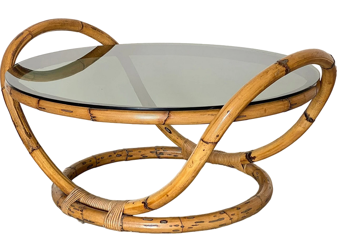 Round bamboo coffee table with smoked glass top, 1970s 10