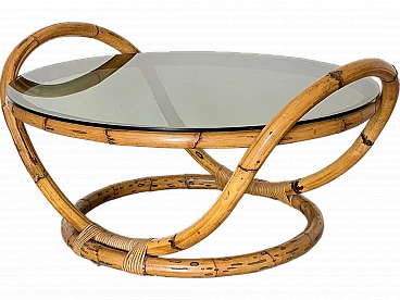 Tavolino rotondo in bambù con piano in vetro fumè, anni '70