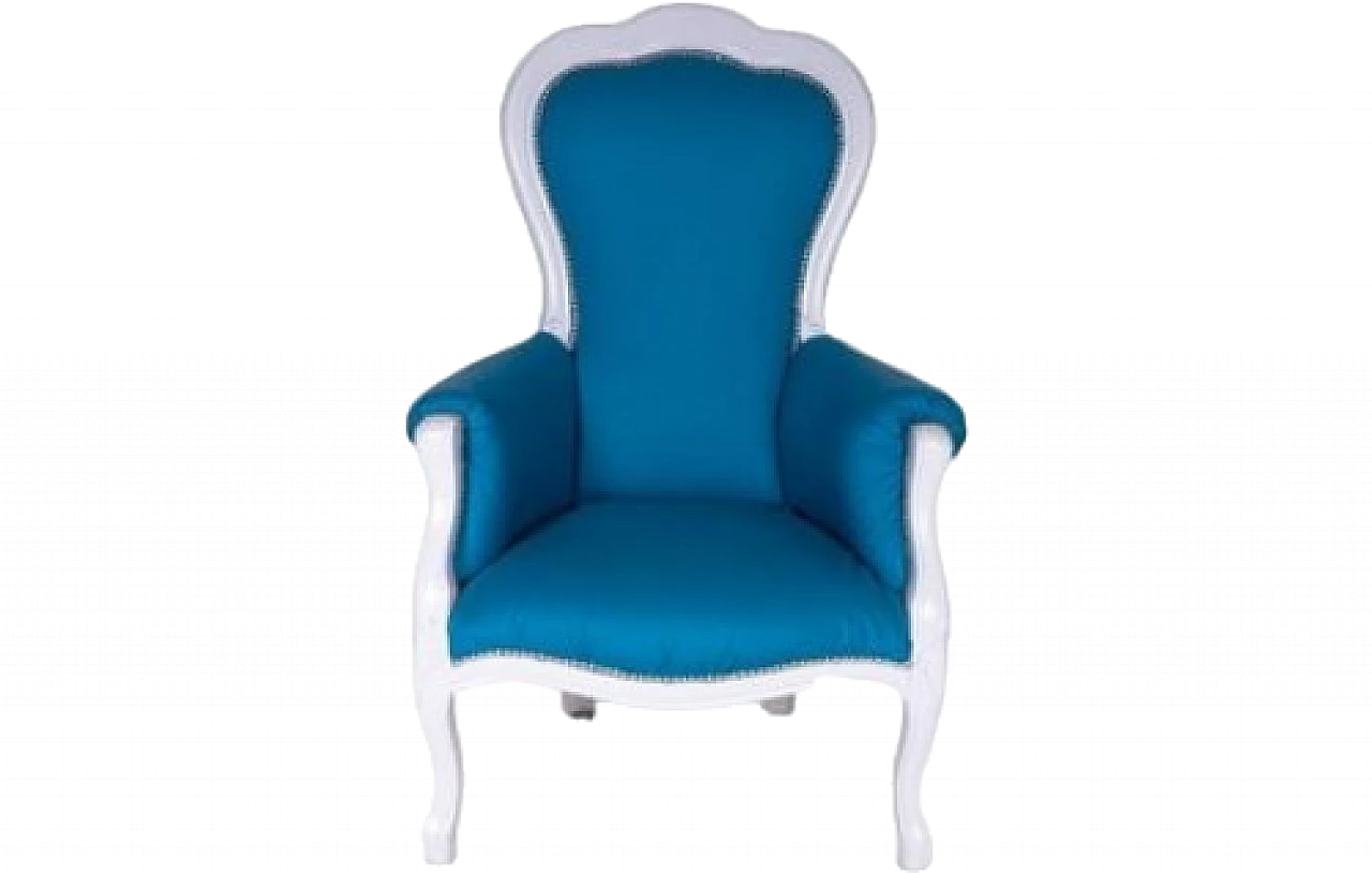 Baroque style armchair in white laquered wood & blue fabric, 2000s 6