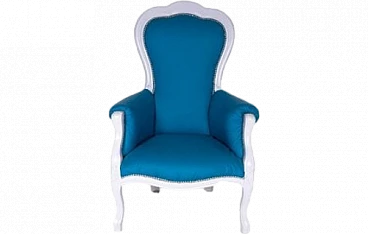 Baroque style armchair in white laquered wood & blue fabric, 2000s