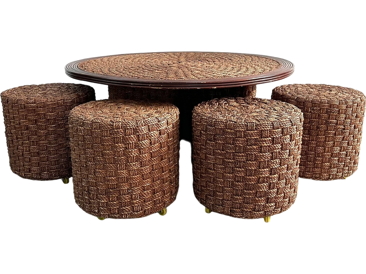 Coffee Table with 4 stools in woven rope & wood, 1960s 10