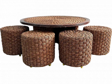 Coffee Table with 4 stools in woven rope & wood, 1960s