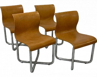 4 Chairs in brown leather & chromed metal by F. T. Sartori, 1970s