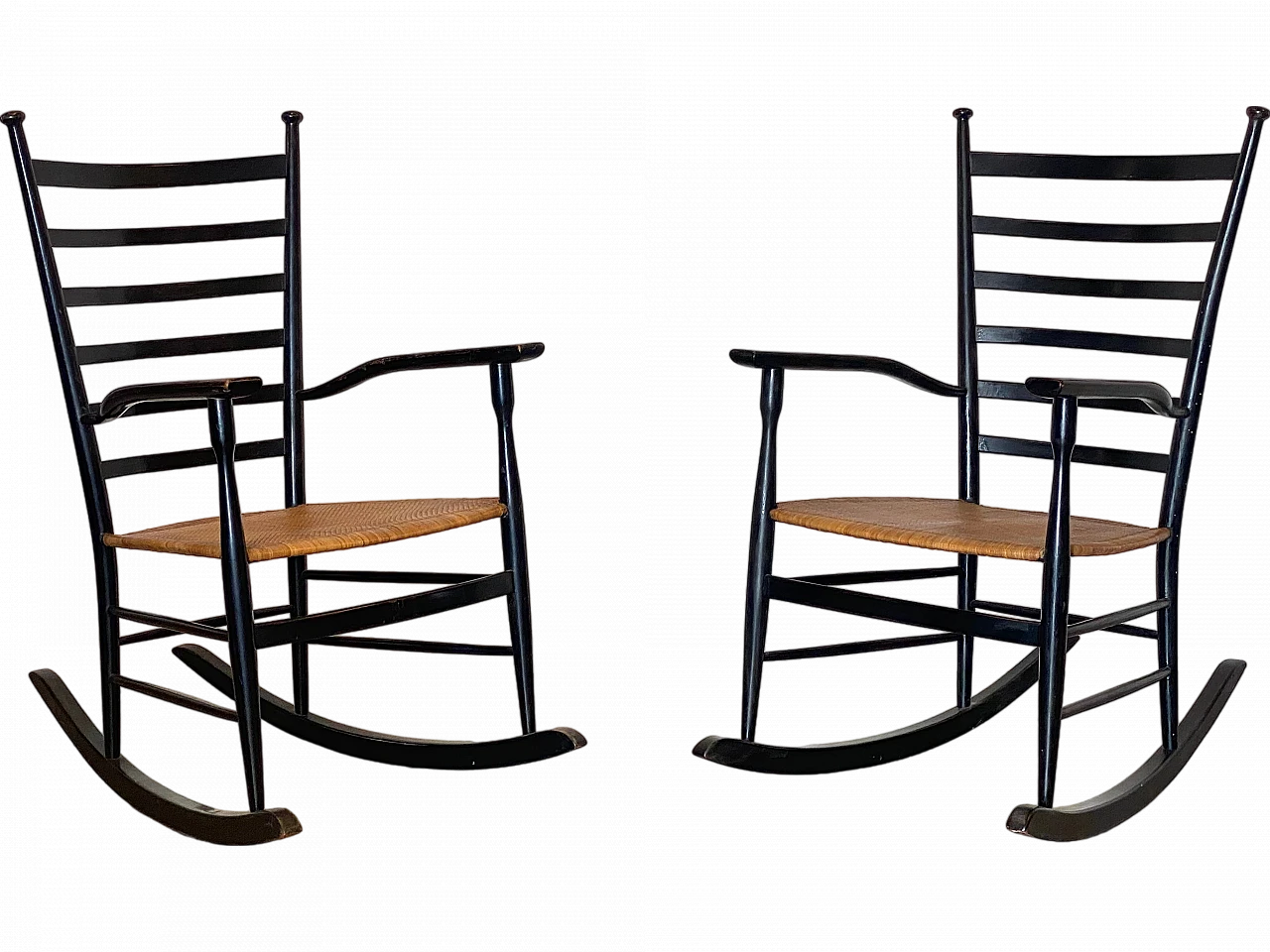 Pair of rocking chairs in lacquered wood and straw, 1960s 21