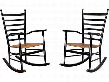 Coppia di sedie a dondolo in legno laccato e paglia, anni '60
