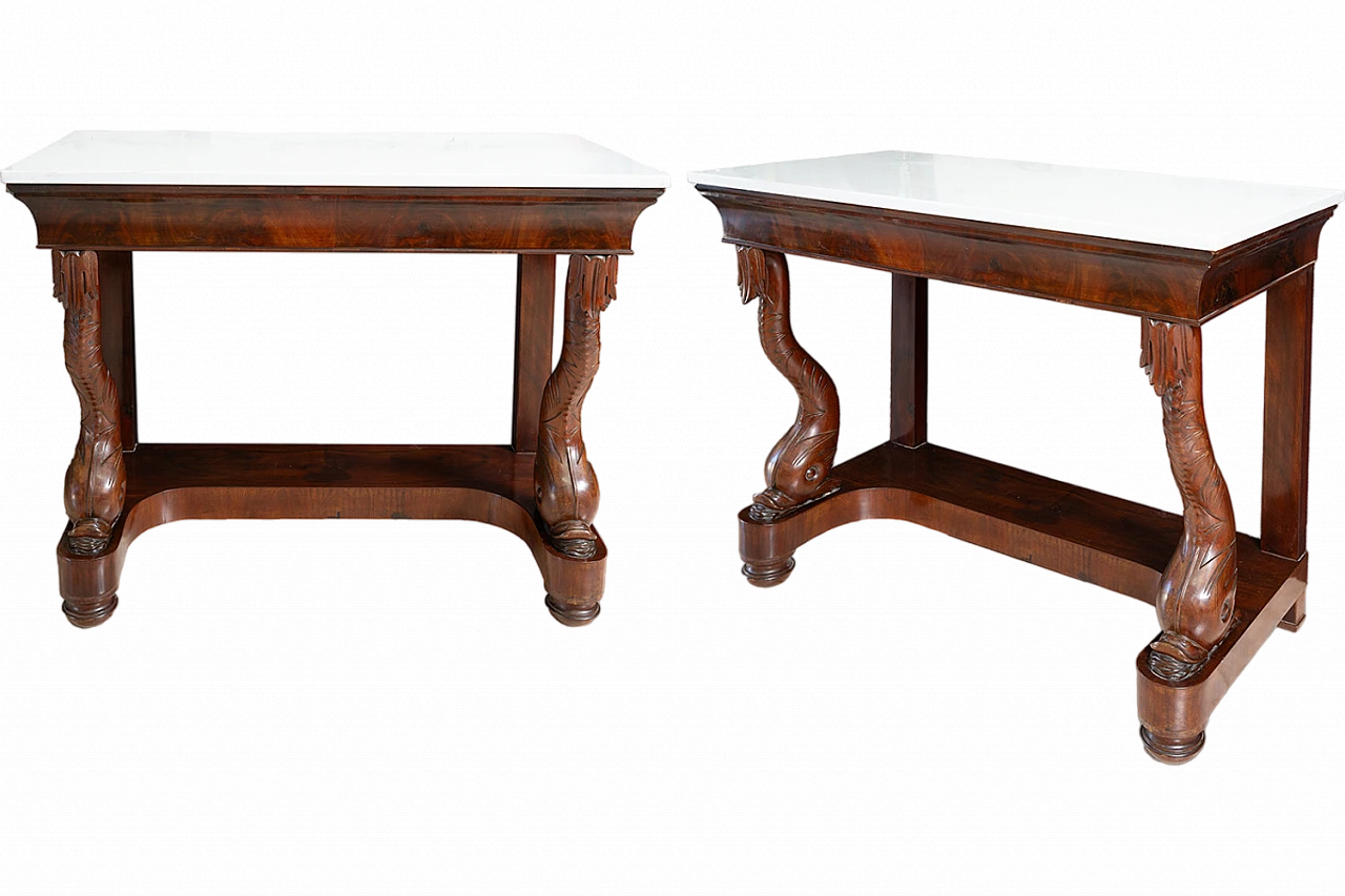 Pair of Neapolitan Empire mahogany and marble consoles, 19th century 4