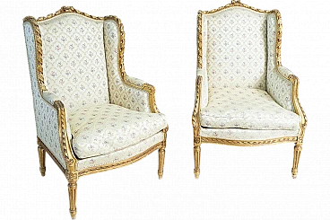 Pair of Napoleon III gilded wood and fabric armchairs, 19th century
