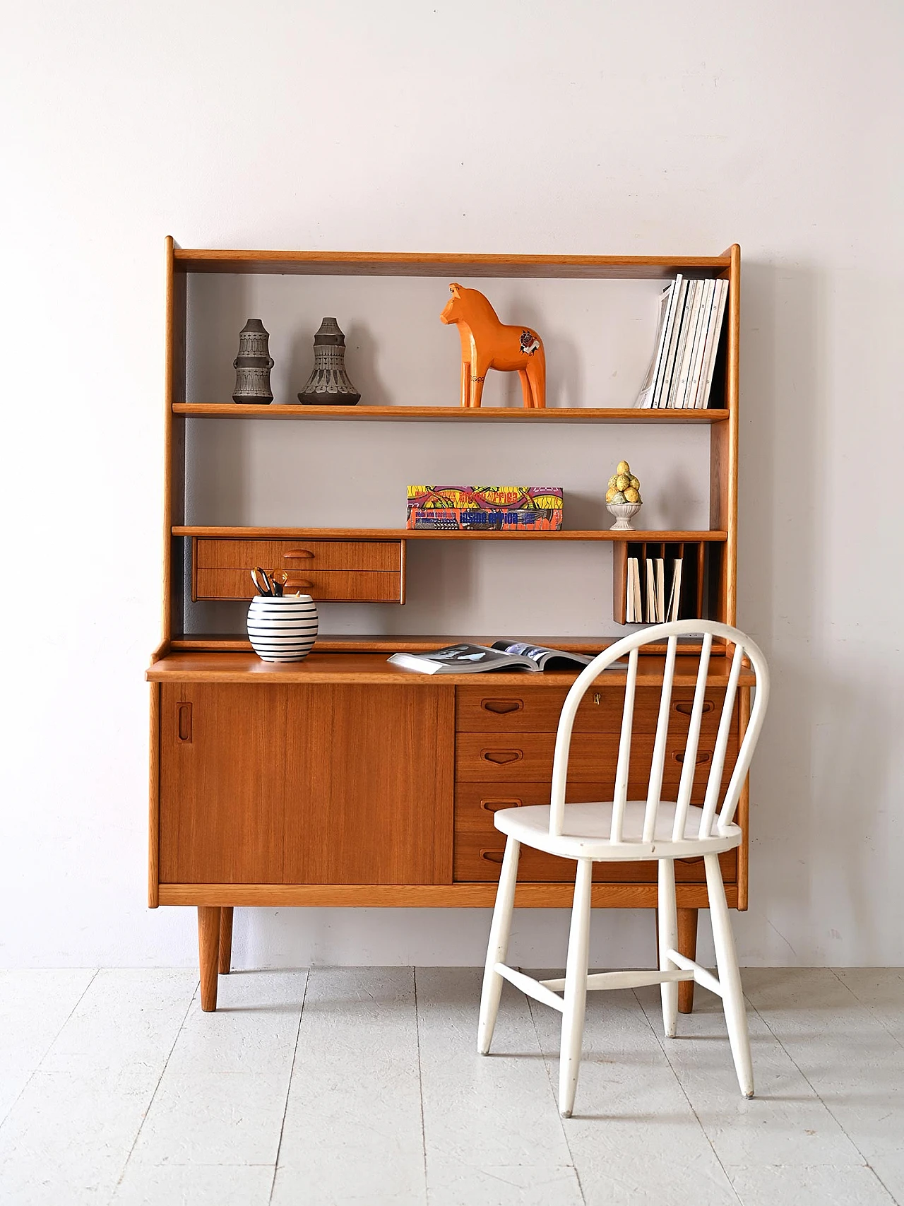 Teak bookcase with writing desk & storage compartment, 1960s 1