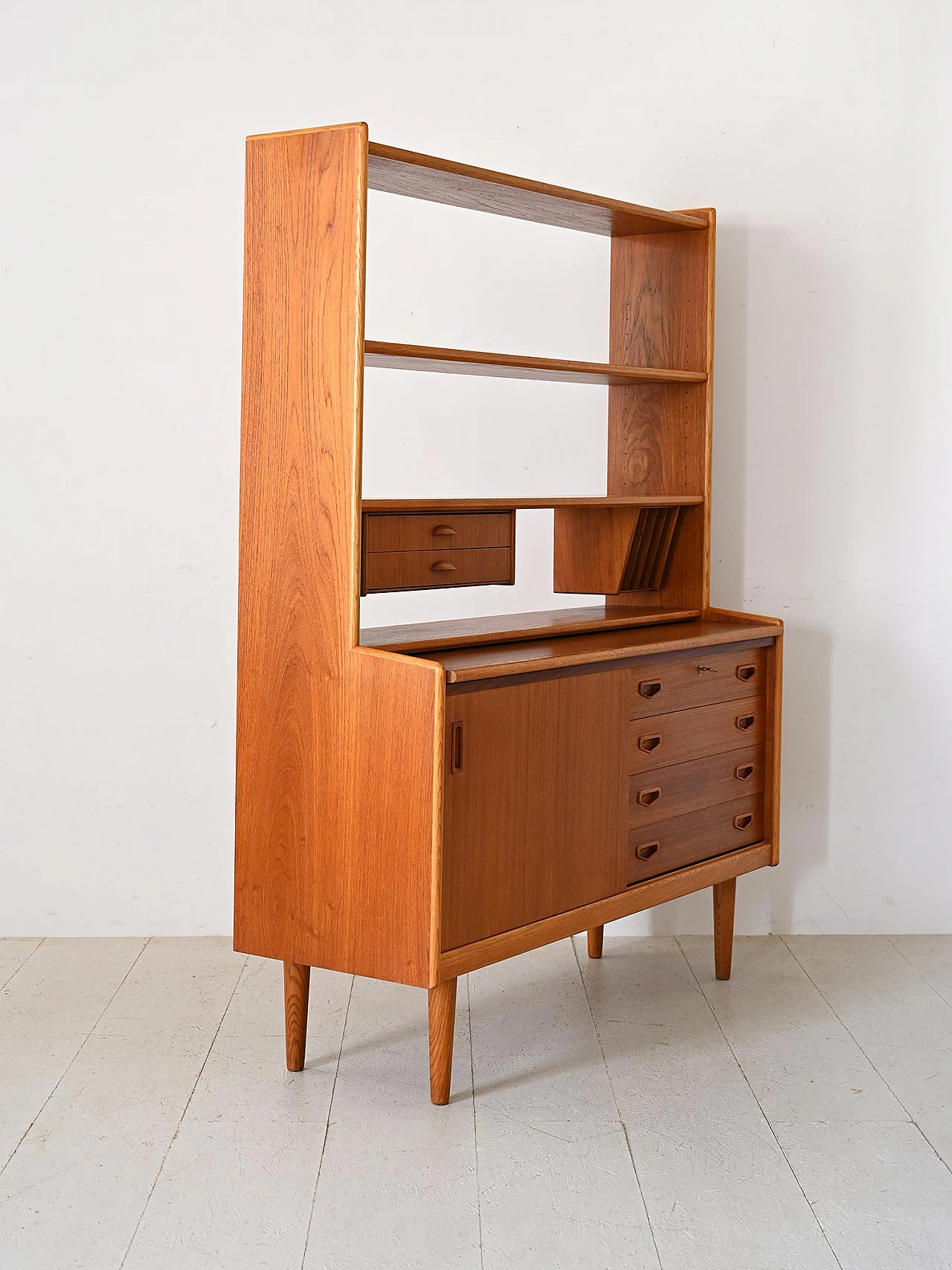 Teak bookcase with writing desk & storage compartment, 1960s 4