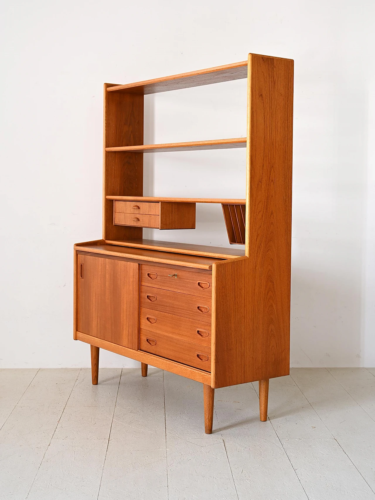 Teak bookcase with writing desk & storage compartment, 1960s 5